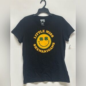 (SOLD) Press Lab T Shirt Women’s Dark Grey Little Miss Shenanigans Smiley Face